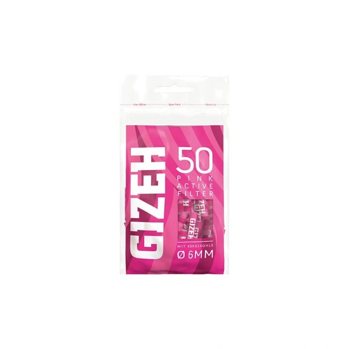 Gizeh Active Filter Pink 6mm – Çəhrayı dizaynlı, kokos kömürlü, keramika uclu tütün filtrləri (50 ədəd)